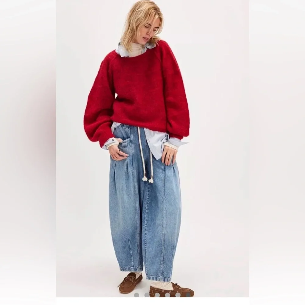 Free People Margo Barrel Pull On Jeans We The Free Rope Tie Bergamot Blue - Picture 5 of 7
